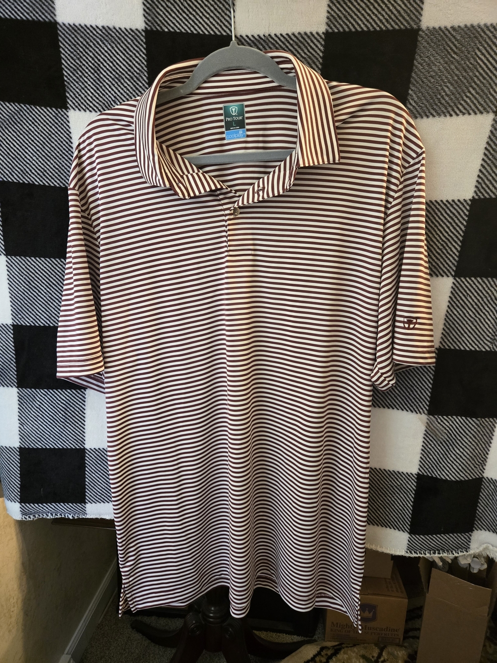 Men's Striped Polo Shirt in Burgundy and White - Performance Short Sleeve